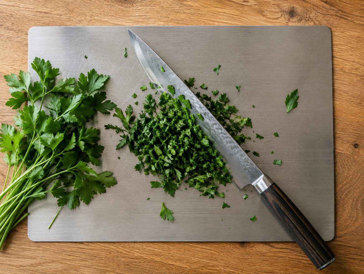 Illustration of herbs being chopped on a titanium board